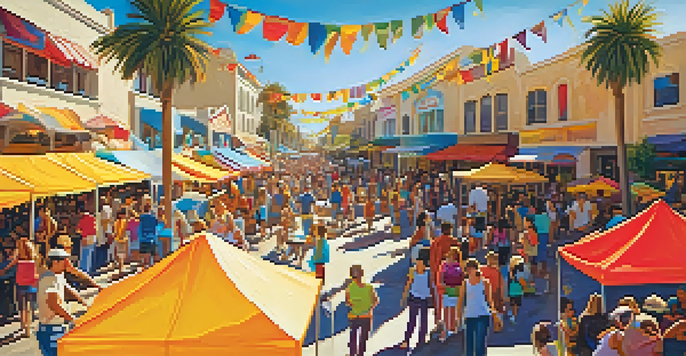An outdoor art festival in Carlsbad with local artists and colorful murals, surrounded by lively crowds and food stalls under a golden sun.