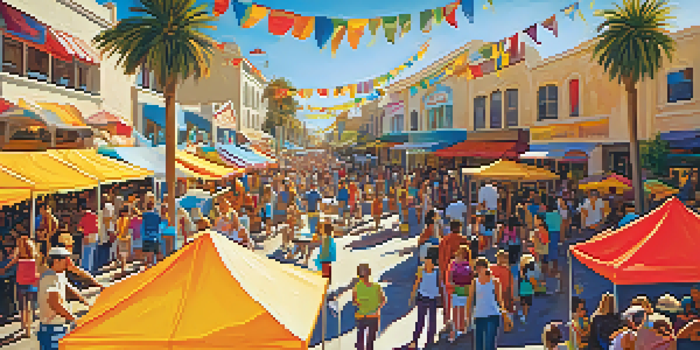 An outdoor art festival in Carlsbad with local artists and colorful murals, surrounded by lively crowds and food stalls under a golden sun.