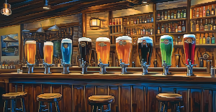 A lively brewery scene in Carlsbad with colorful beer taps and patrons enjoying drinks.