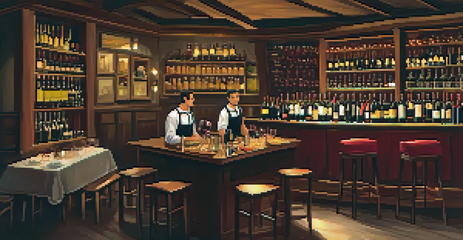 Interior of a cozy wine bar with tables set for wine tasting, featuring cheese platters and a staff member pouring wine.
