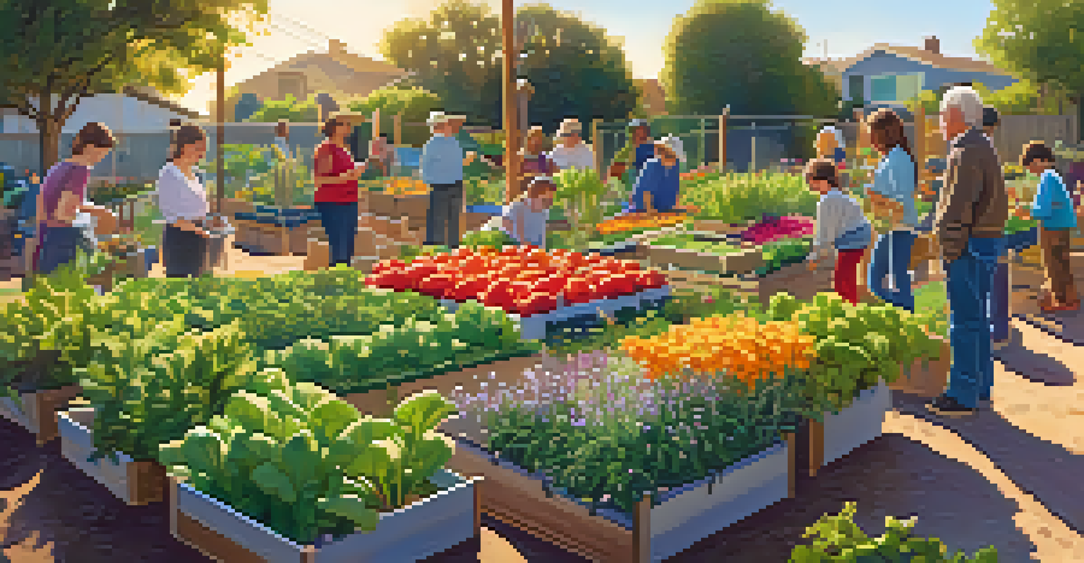 A vibrant community garden in Carlsbad with residents of different ages gardening together in warm sunlight, surrounded by colorful plants and vegetables.