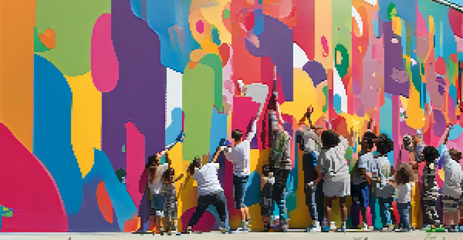 A community mural project with people of different ages painting together on a large wall, surrounded by vibrant colors and art supplies.