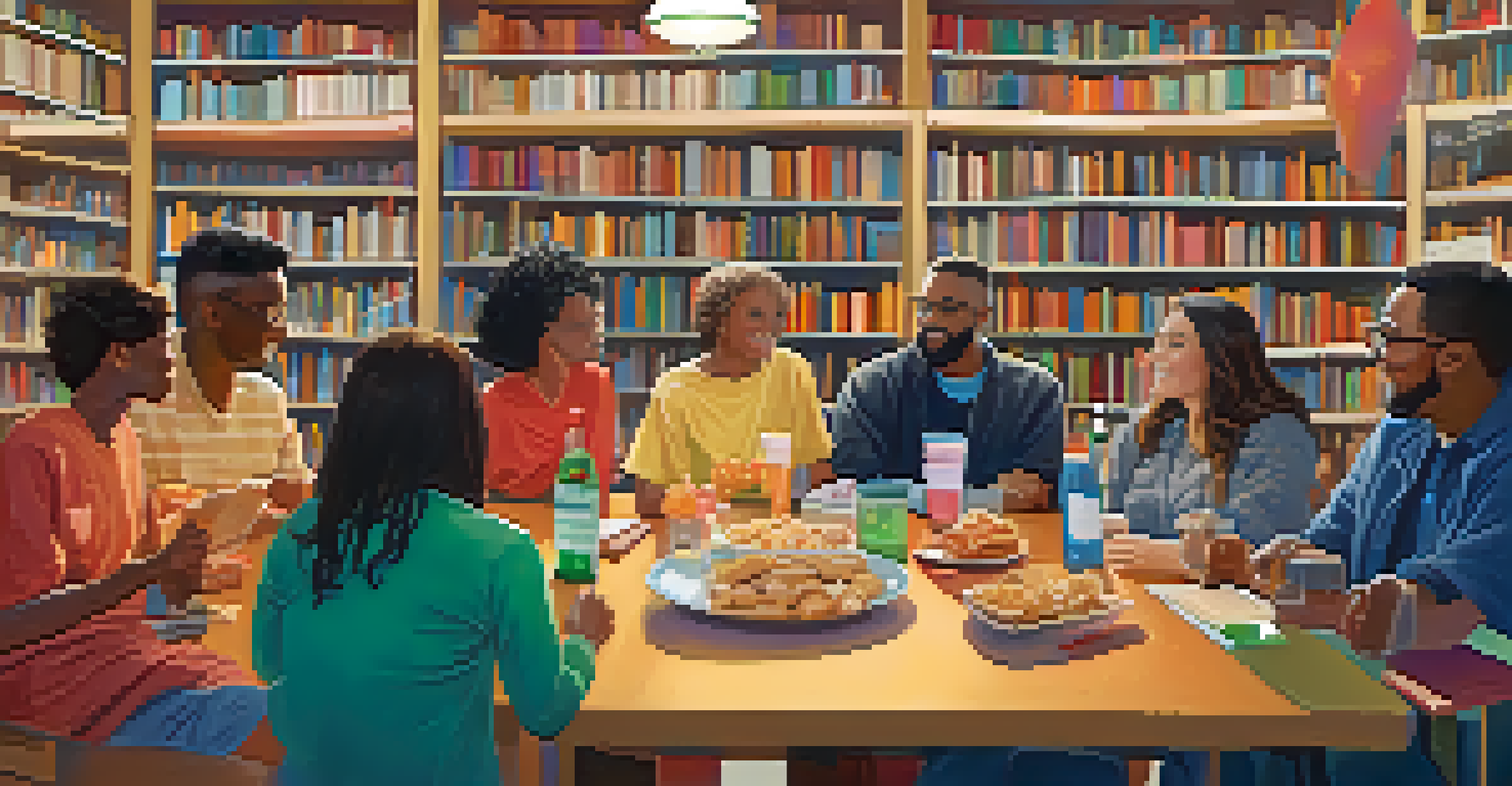 A lively community book club event at the library with diverse participants discussing books around a table filled with snacks.