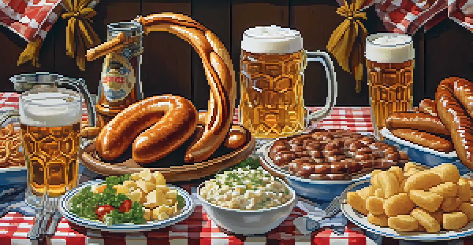 A wooden table laden with traditional Oktoberfest foods like pretzel, bratwurst, and beer, set against a festive backdrop.