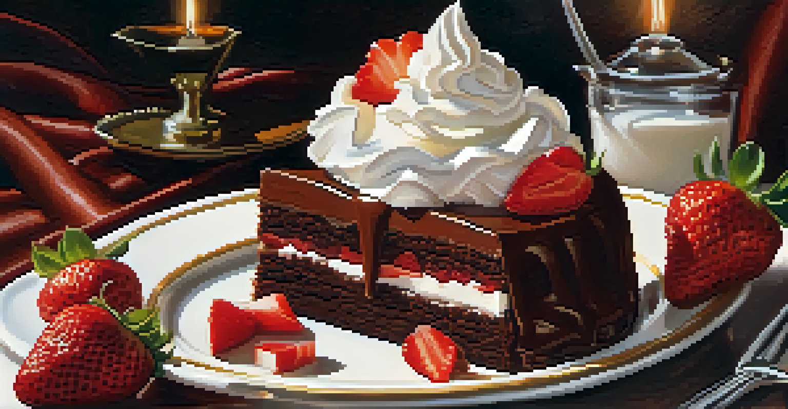 A delicious dessert presentation with strawberry shortcake and chocolate torte in a cozy dessert shop.