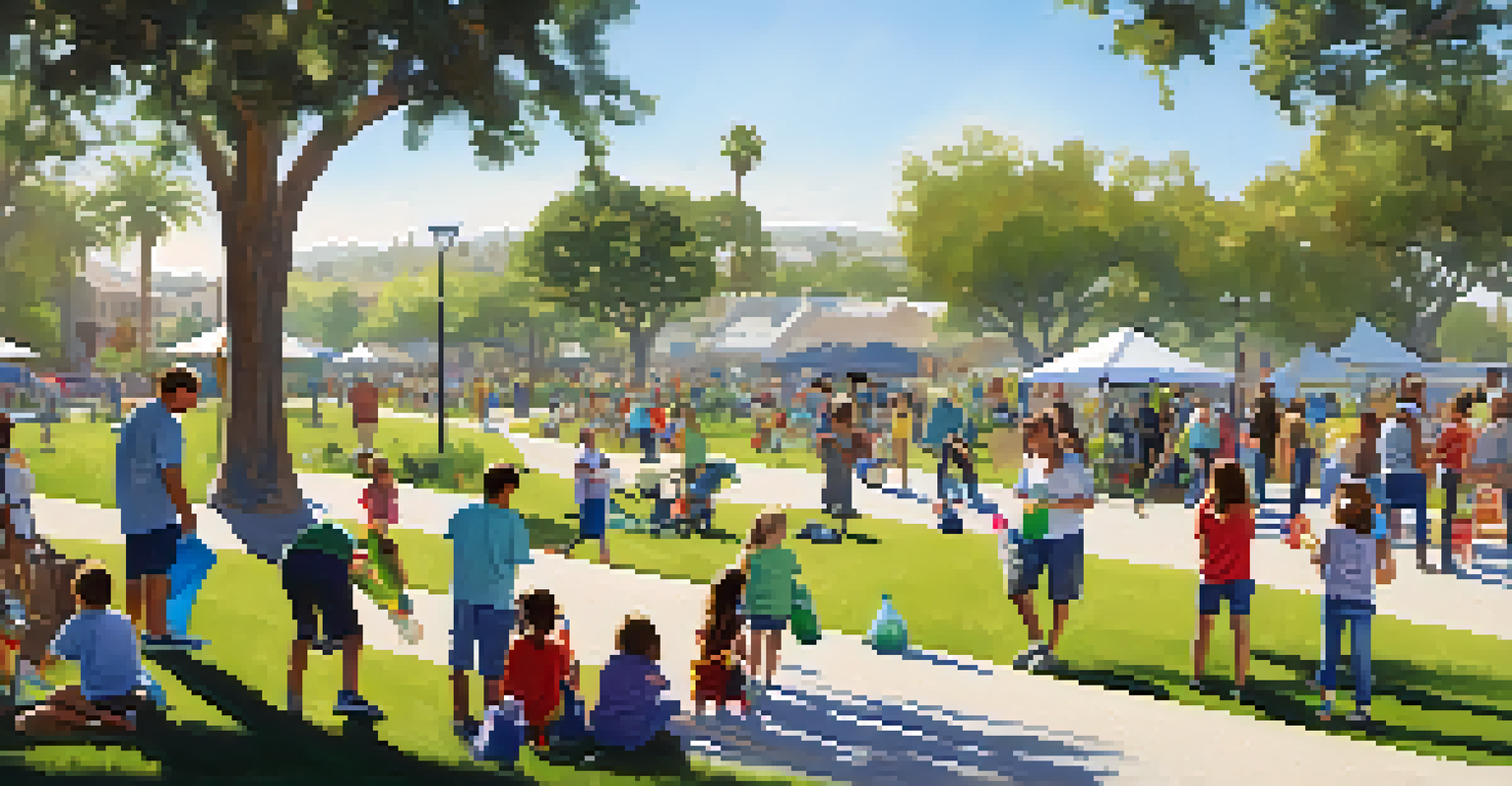 Families engaging in a community clean-up project in a park, surrounded by greenery and blue skies.