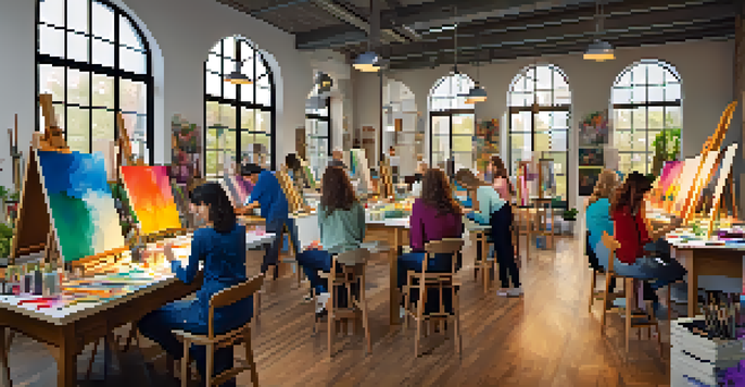 An art studio with people painting on canvases, enjoying a 'Paint and Sip' workshop, with colorful art supplies and warm lighting.