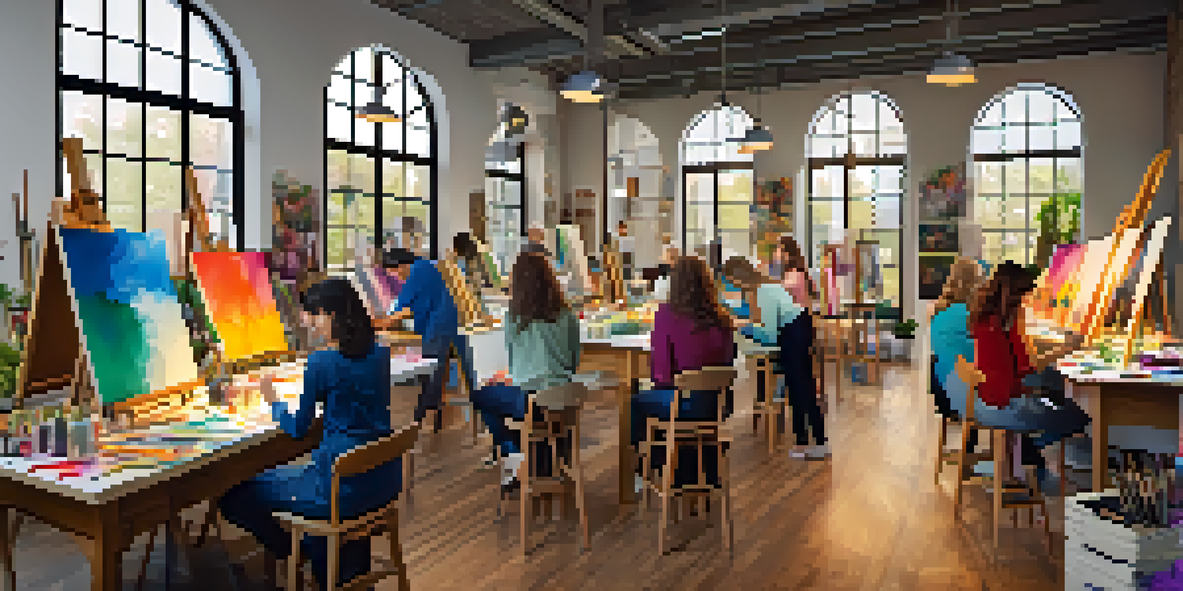 An art studio with people painting on canvases, enjoying a 'Paint and Sip' workshop, with colorful art supplies and warm lighting.