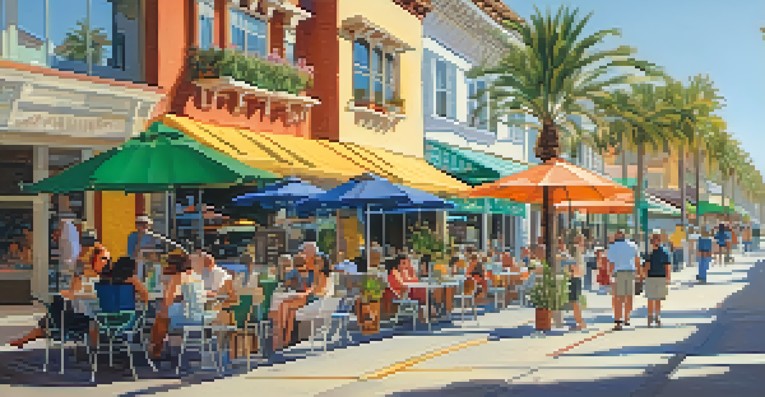 A lively street in Carlsbad with shops, cafes, and people enjoying the sunny day.