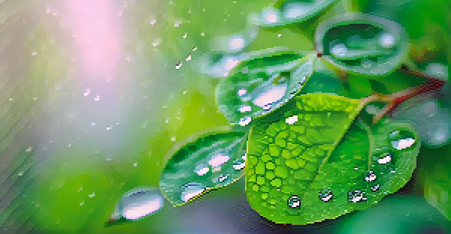 A close-up image of raindrops on green leaves, with blurred colorful flowers in the background, capturing the beauty of nature during rain.