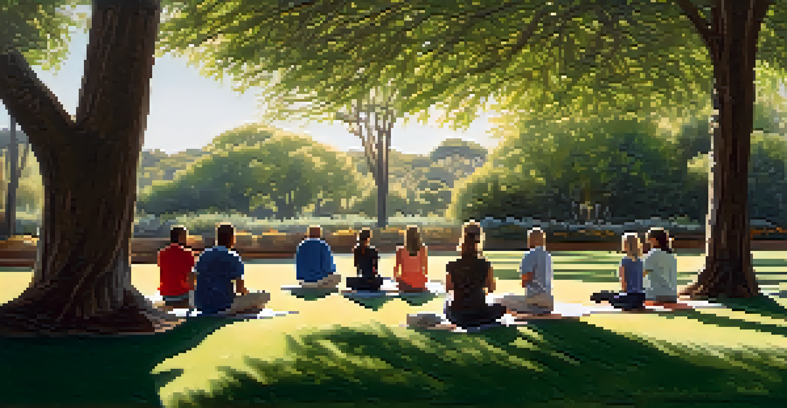 Participants sitting cross-legged on grass under trees, enjoying a tranquil outdoor meditation experience.