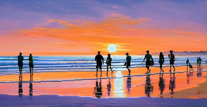A beautiful sunset at Carlsbad State Beach with golden sands and gentle waves, featuring people strolling along the shoreline.