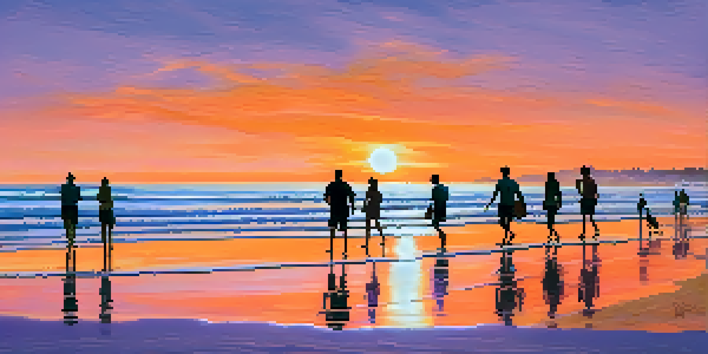 A beautiful sunset at Carlsbad State Beach with golden sands and gentle waves, featuring people strolling along the shoreline.