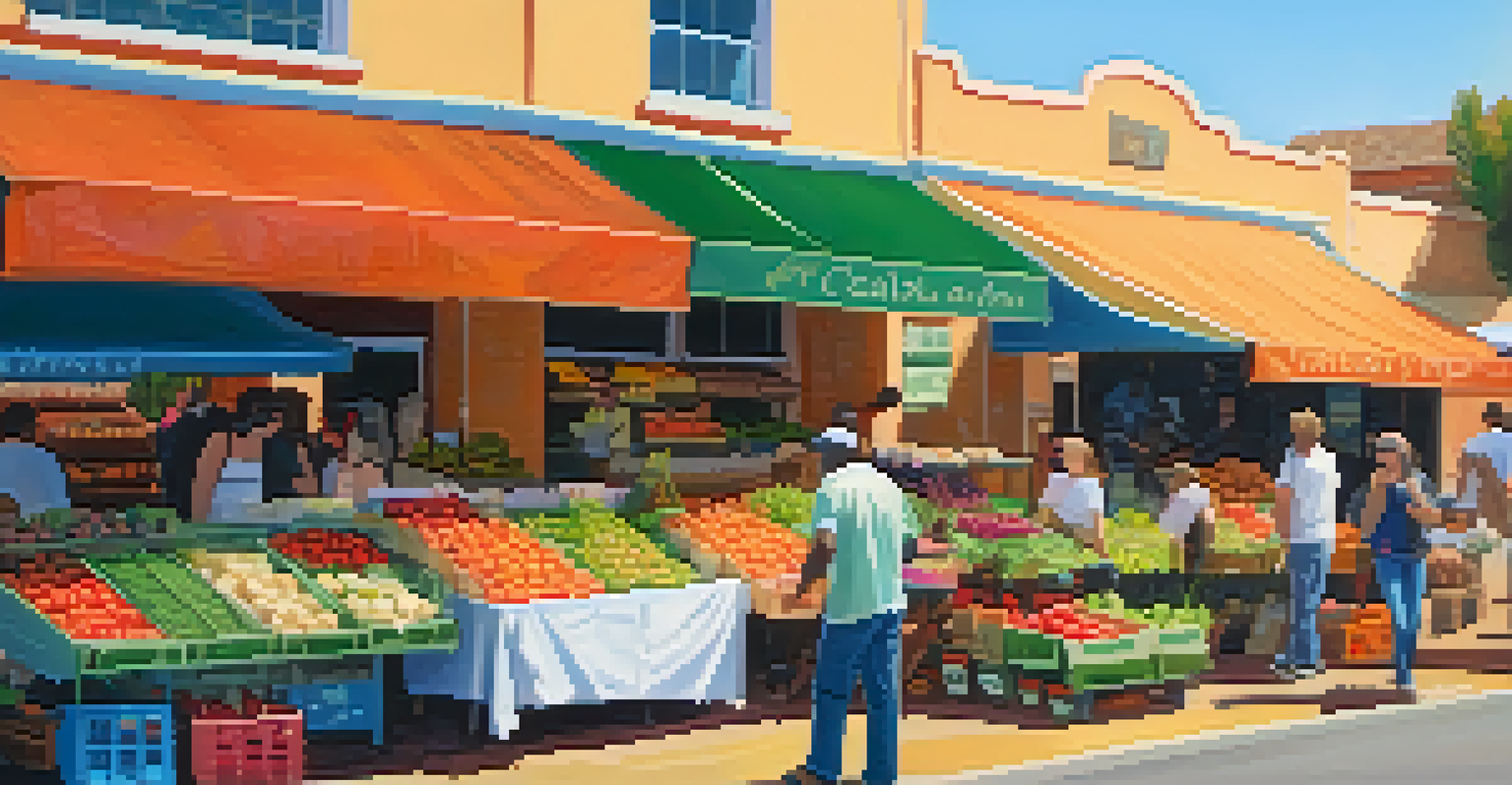 A vibrant local market with fresh organic produce and vegan products, featuring colorful fruits and happy customers.