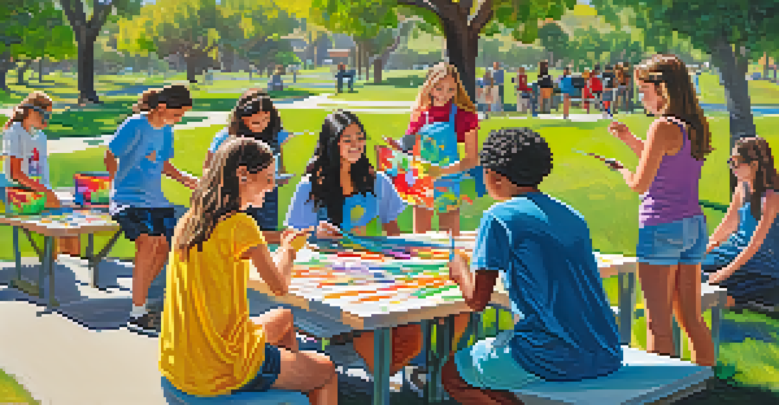 Teenagers participating in a lively art workshop in a sunny park, surrounded by nature, showcasing creativity and empowerment.