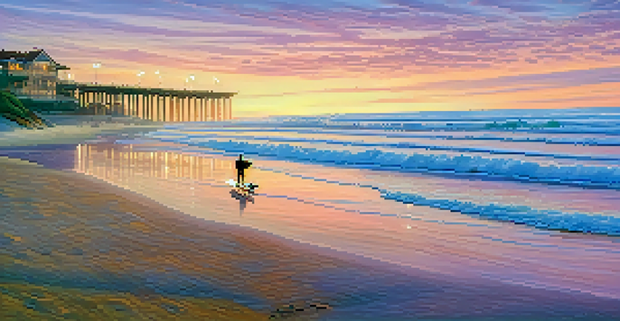 A lone surfer holding a surfboard on a serene beach at Carlsbad during sunrise, with soft waves and a pastel sky.