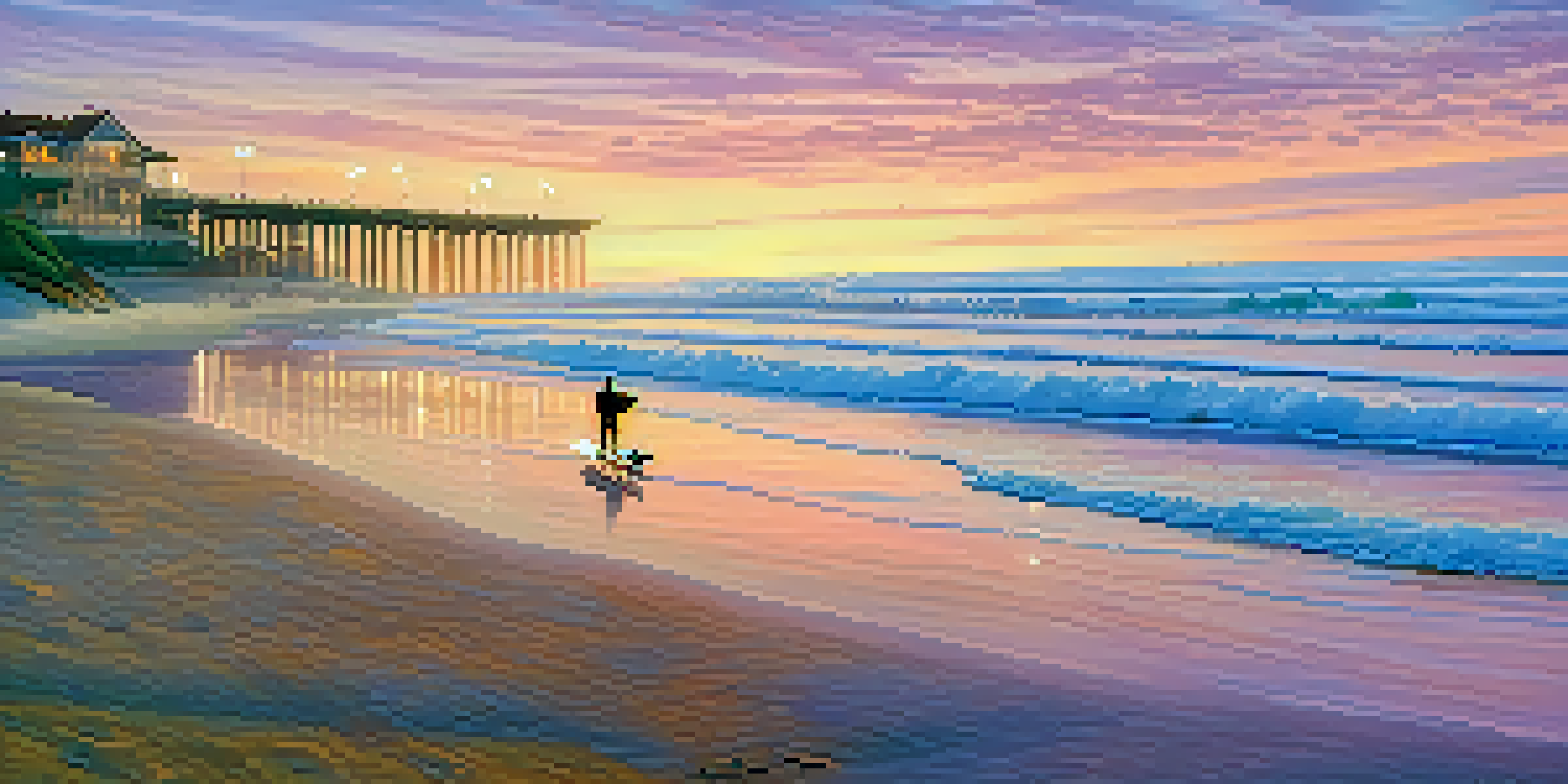 A lone surfer holding a surfboard on a serene beach at Carlsbad during sunrise, with soft waves and a pastel sky.