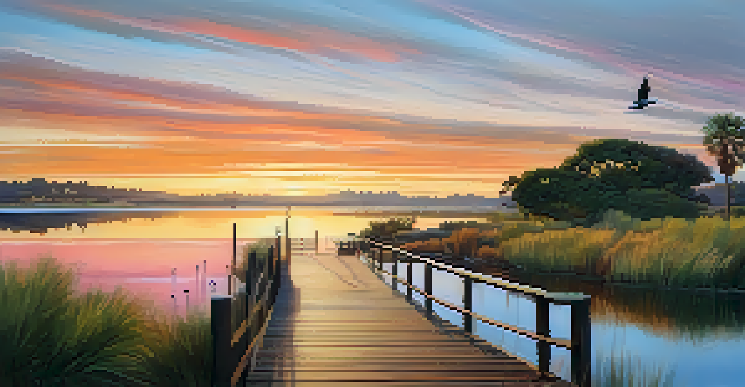 A serene sunset view at Batiquitos Lagoon, with reflections on the water and birds on wooden posts.