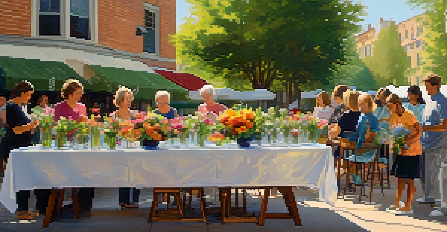 Participants in a flower arranging class creating colorful bouquets outdoors, surrounded by fresh flowers and greenery.