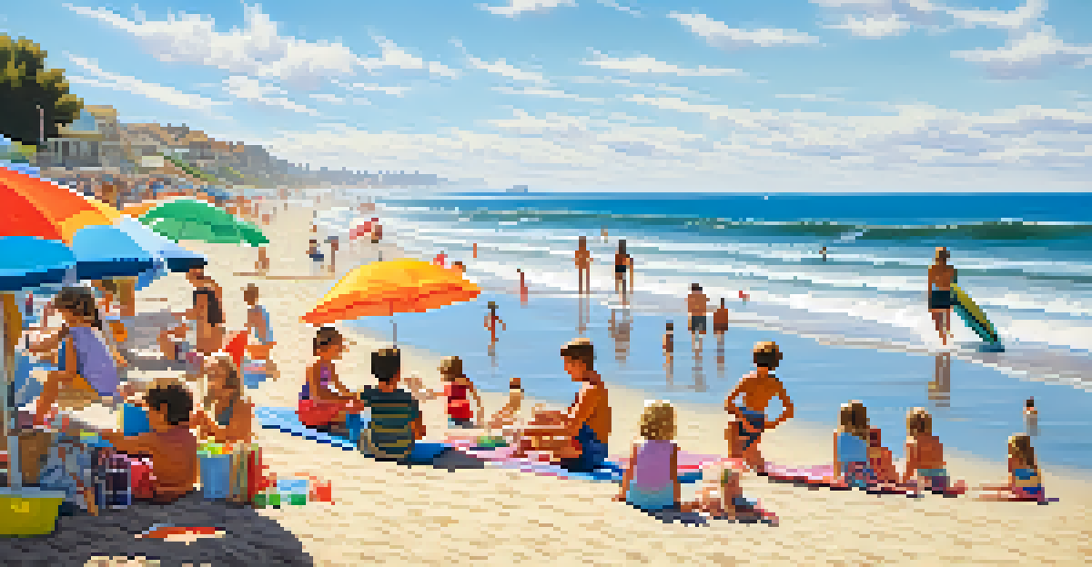 Families enjoying a summer day at Carlsbad beach with children playing in the sand and surfers in the background.