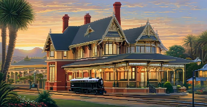 A Victorian train station in Carlsbad bathed in golden sunset light, featuring intricate details and a vintage steam locomotive.