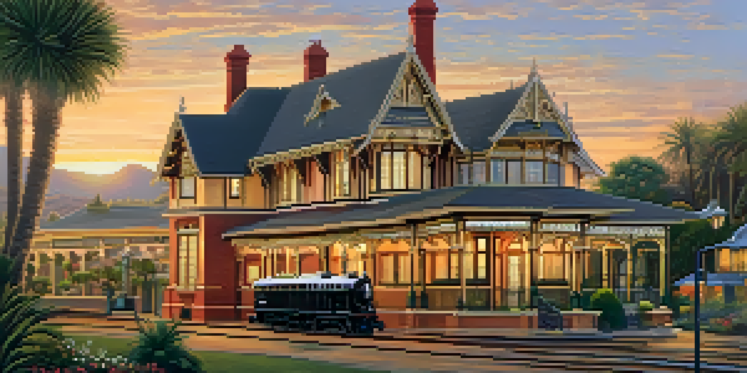 A Victorian train station in Carlsbad bathed in golden sunset light, featuring intricate details and a vintage steam locomotive.