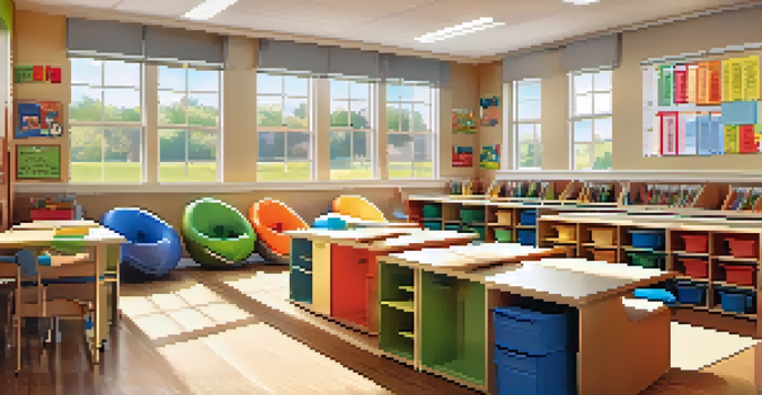 A bright and inviting classroom designed for special education with students collaborating and adaptive furniture.