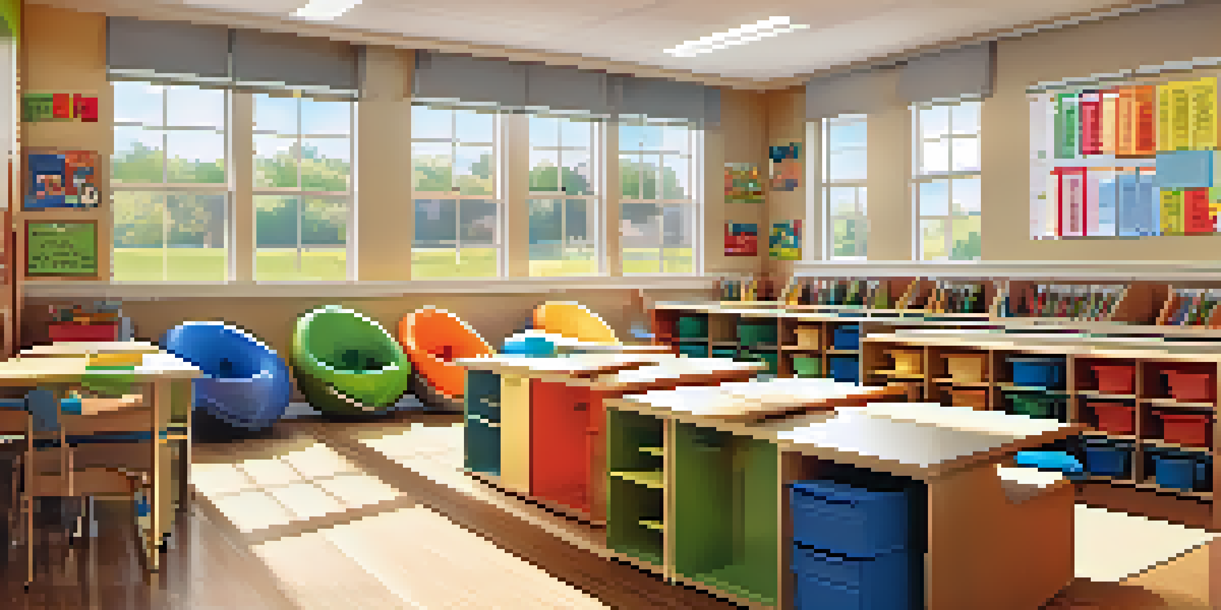 A bright and inviting classroom designed for special education with students collaborating and adaptive furniture.