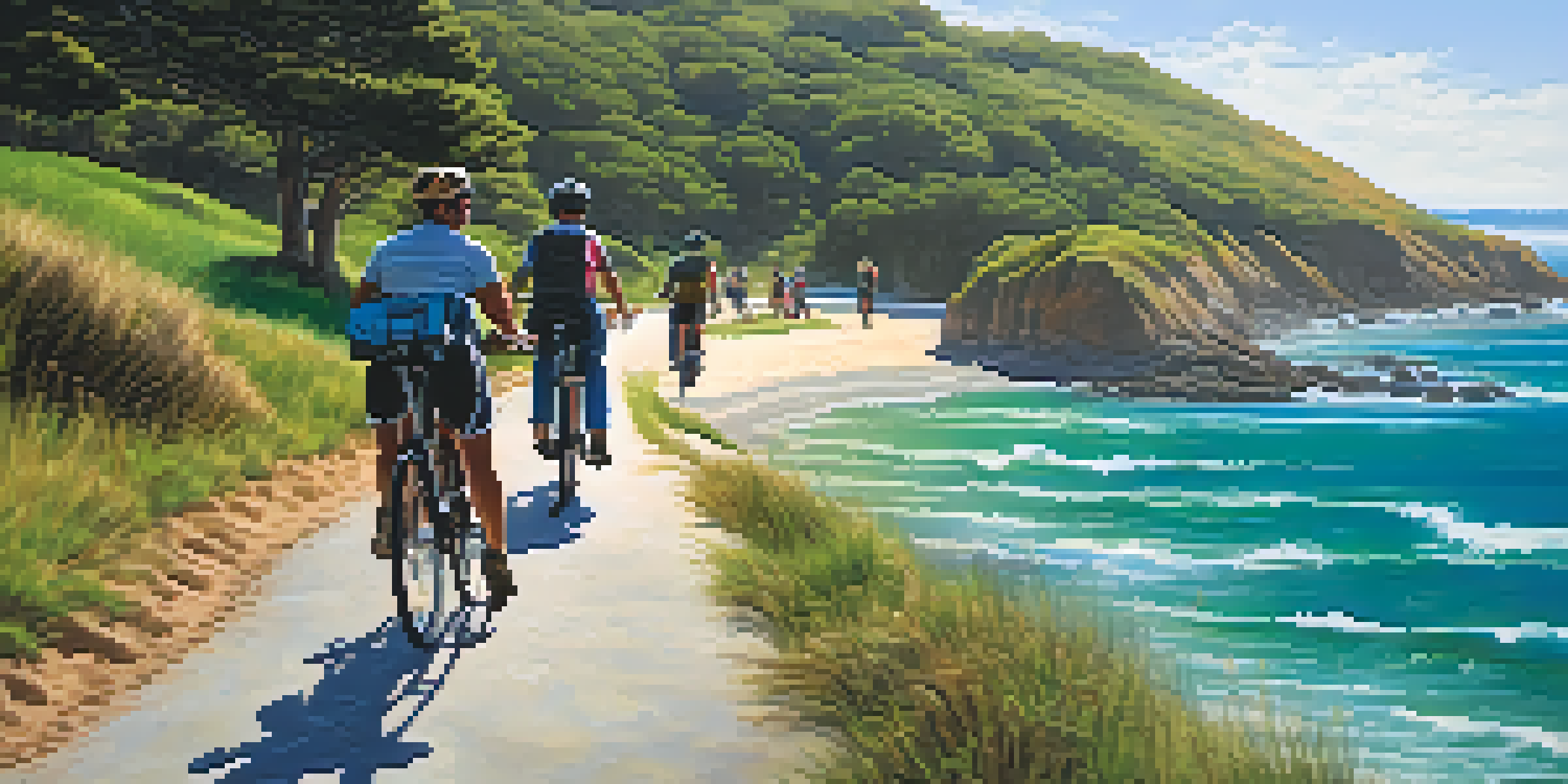 Bikers riding along the Coastal Rail Trail with views of the ocean and lagoons under a sunny sky.