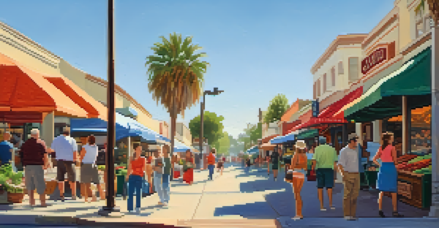 Carlsbad's historic downtown with colorful storefronts and a busy farmers' market under warm sunlight.