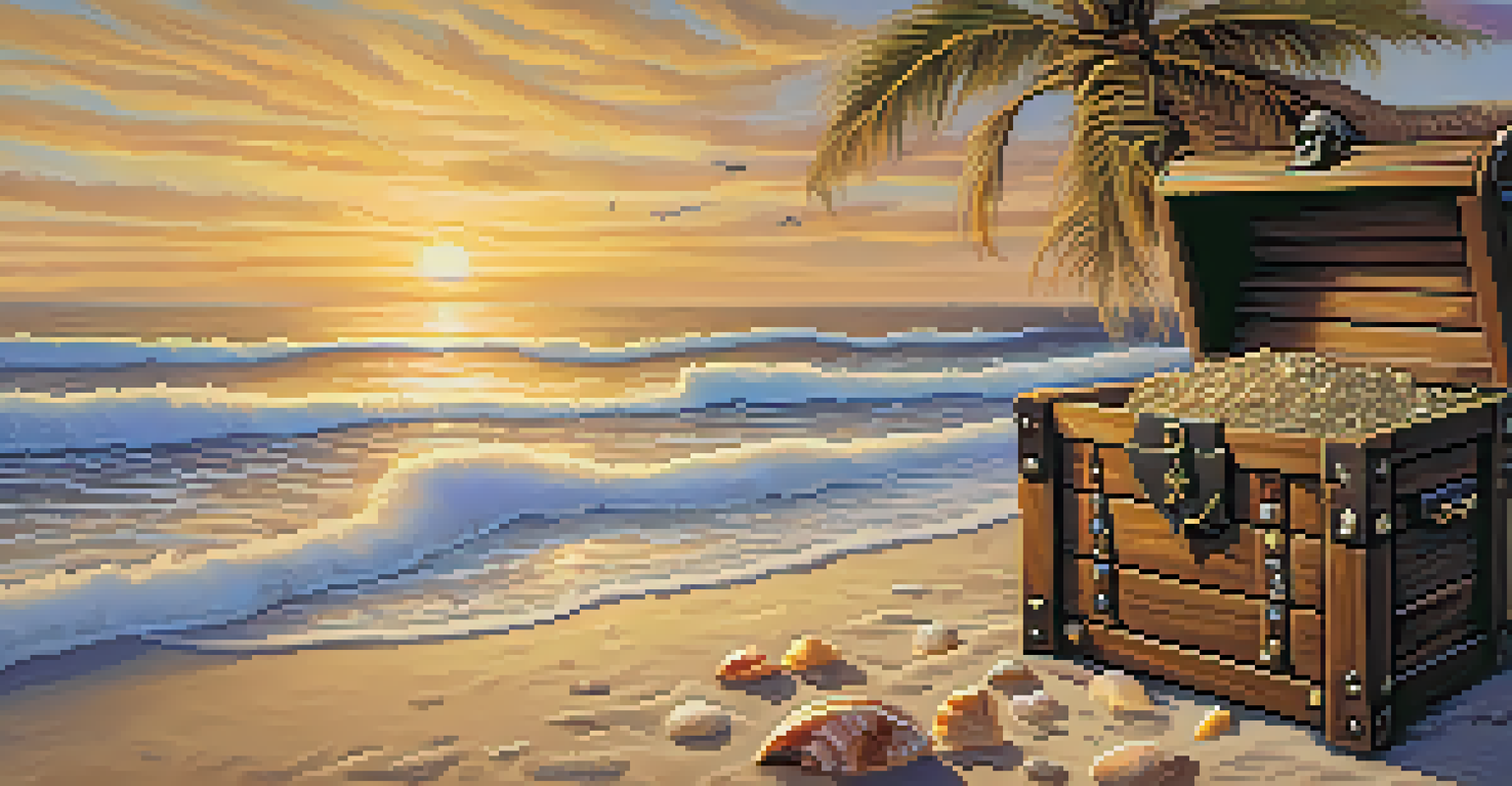 A treasure chest on the sandy beach of Carlsbad, surrounded by seashells, with the ocean and palm trees in the background at sunset.