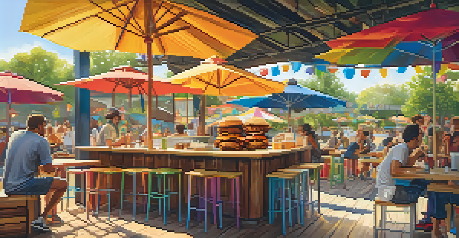 An outdoor dining area featuring a fried chicken sandwich and fries, with bright colors and playful decor in the background.