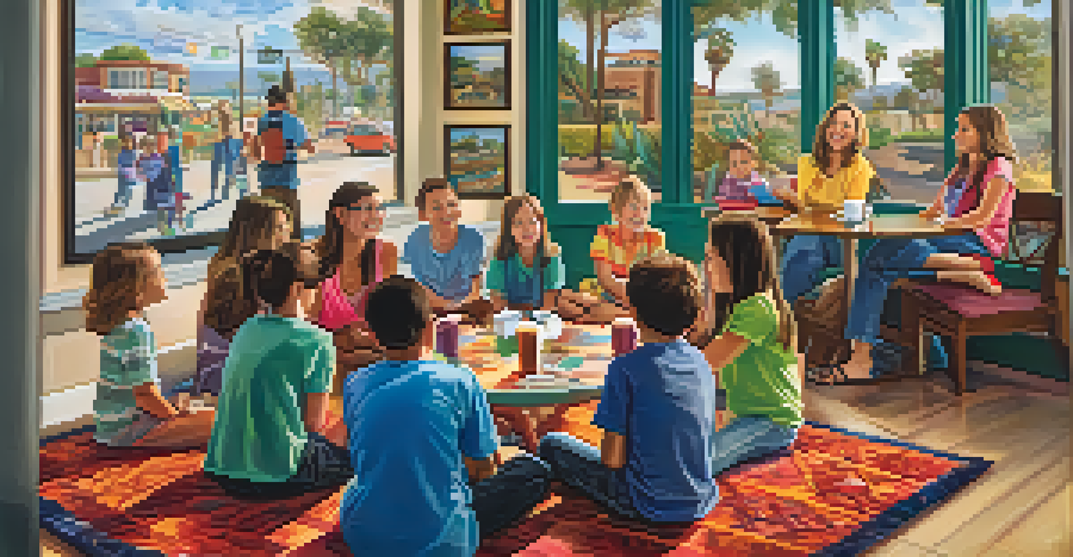 A community event at a coffee shop with children listening to a storyteller, parents enjoying coffee, and colorful artwork on display.