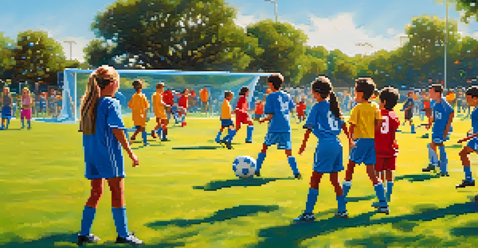 A lively youth soccer tournament at Carlsbad Sports Complex with young players and cheering parents under a bright sky.