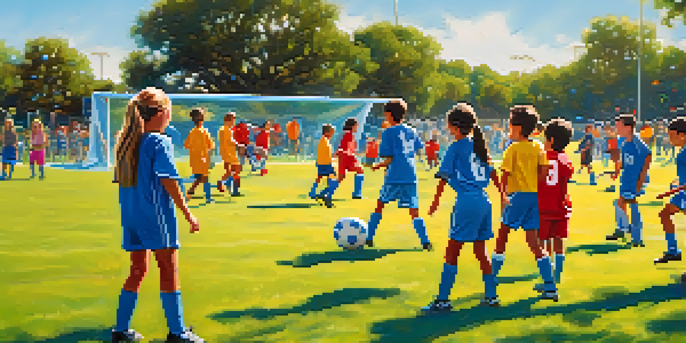 A lively youth soccer tournament at Carlsbad Sports Complex with young players and cheering parents under a bright sky.