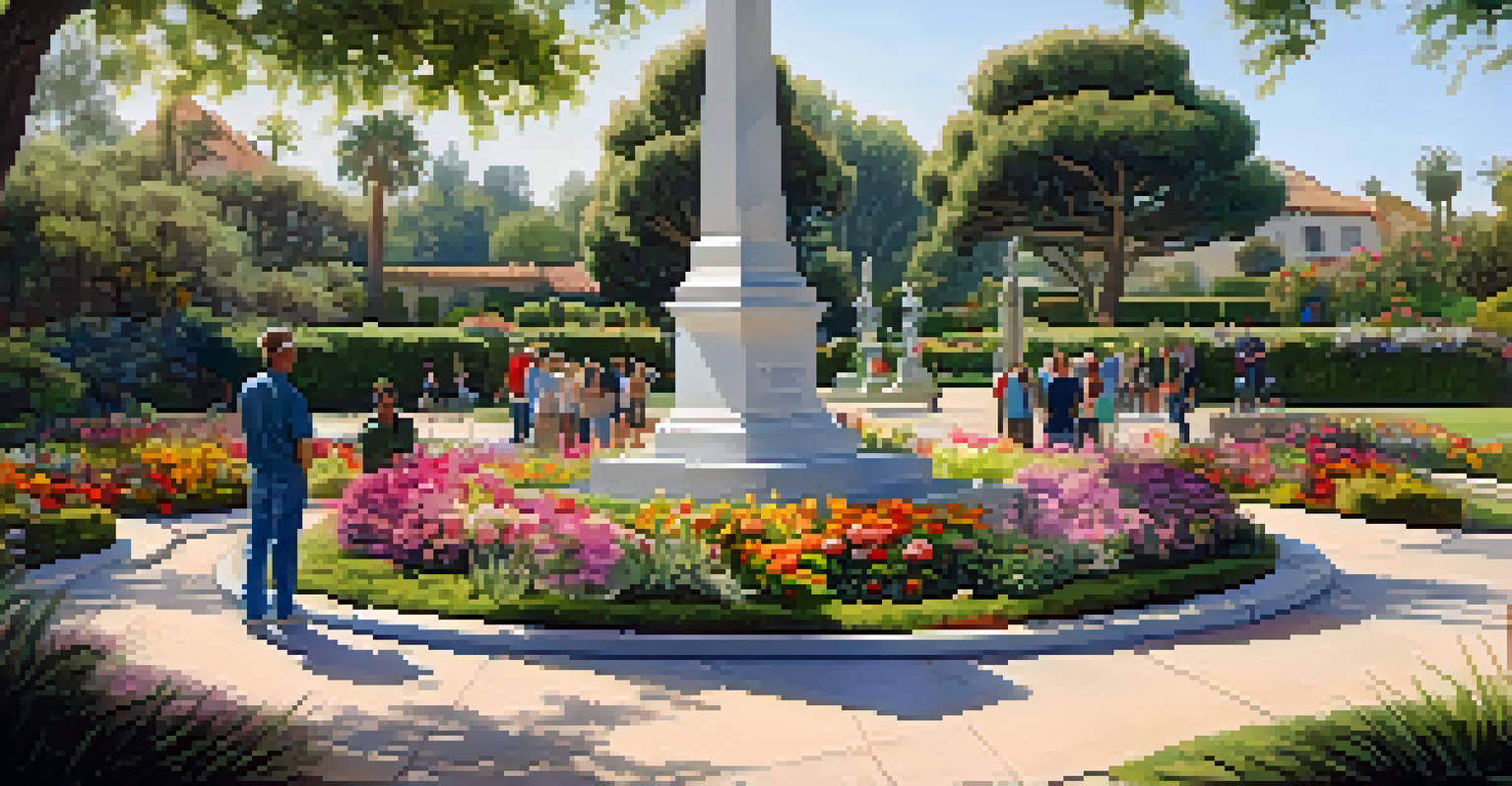 A tranquil memorial garden in Carlsbad dedicated to the Battle, with a monument and colorful flowers.