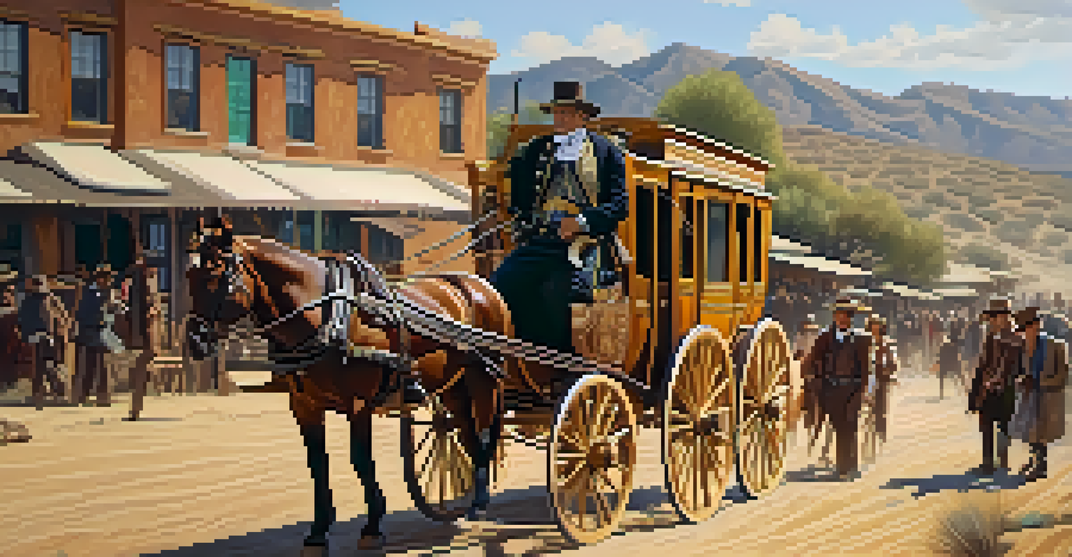 A gold-laden stagecoach on a dirt road in Carlsbad, with historical reenactors in period clothing and rolling hills in the background.