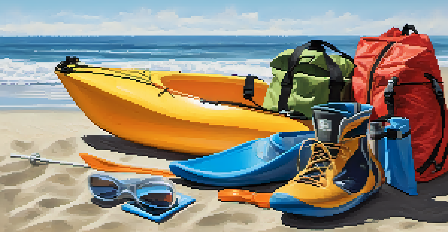 Essential kayaking gear on a sandy beach, including a life jacket and water shoes, with the Carlsbad coastline in the background.