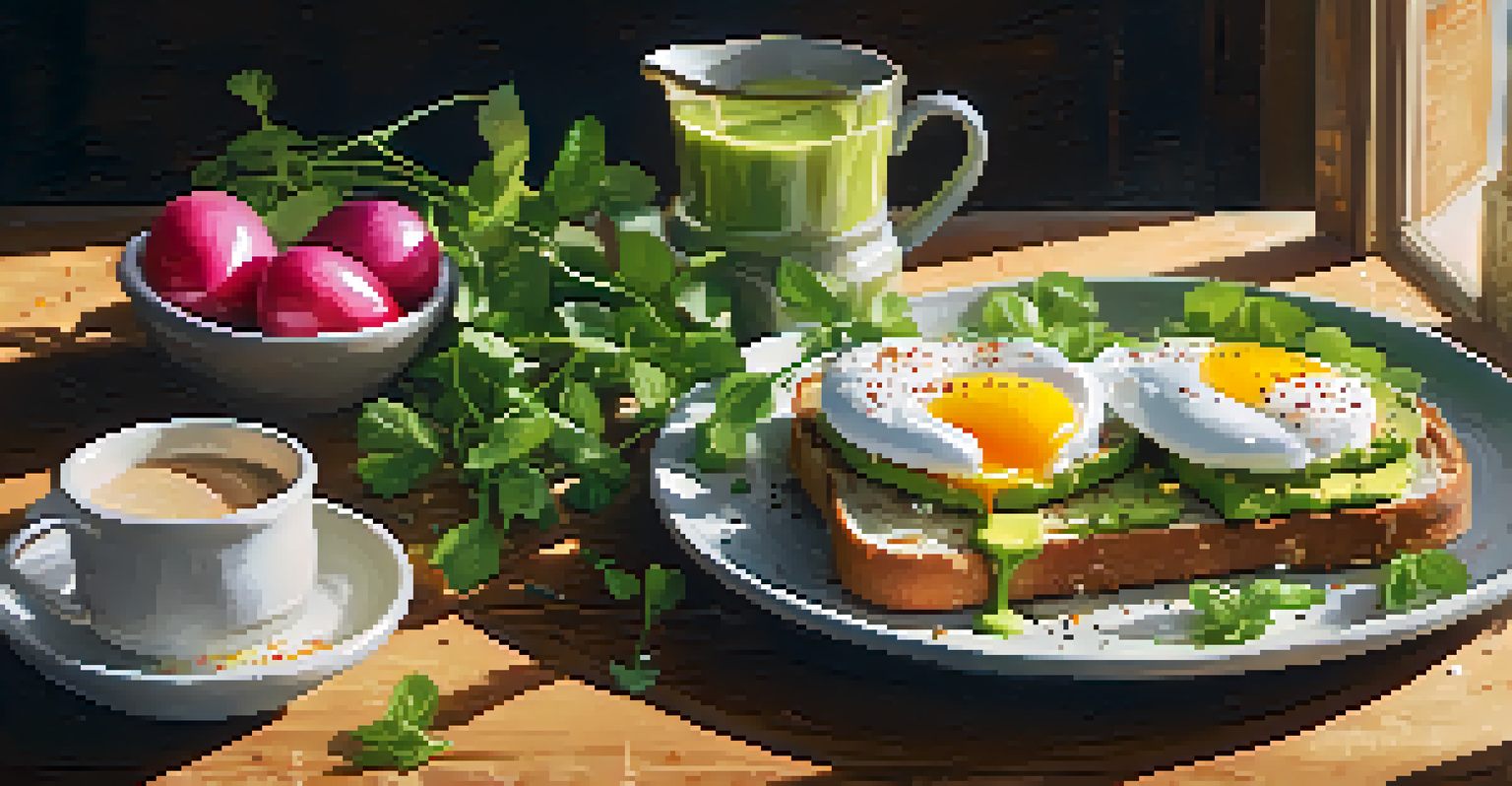 A beautifully presented avocado toast with poached eggs and radishes on a wooden table, bathed in morning light.