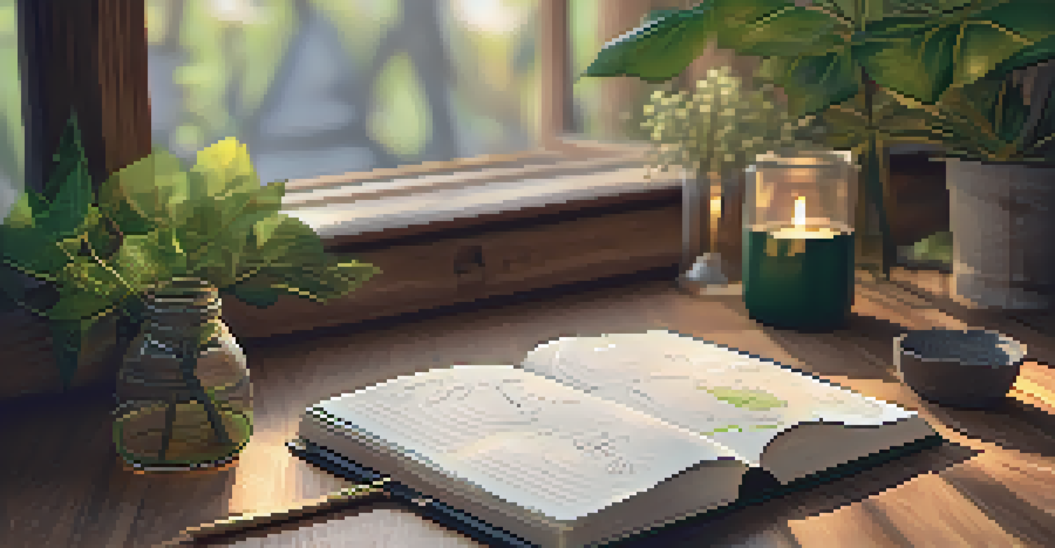 A mindfulness journal open on a wooden table, surrounded by leaves and a candle, with handwritten notes visible.