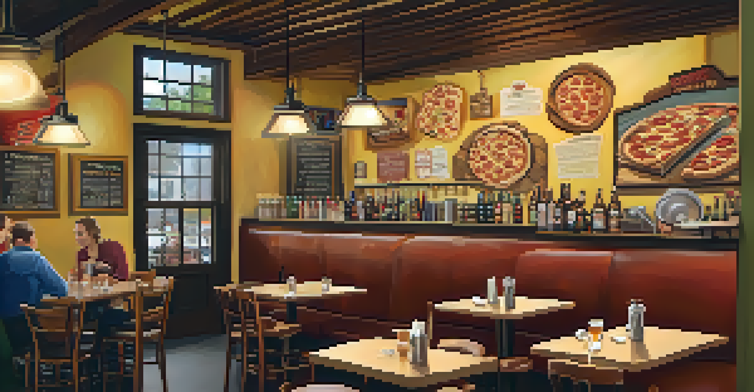 A cozy brewery interior with patrons enjoying pizza and craft beer, decorated with murals and warm lighting.