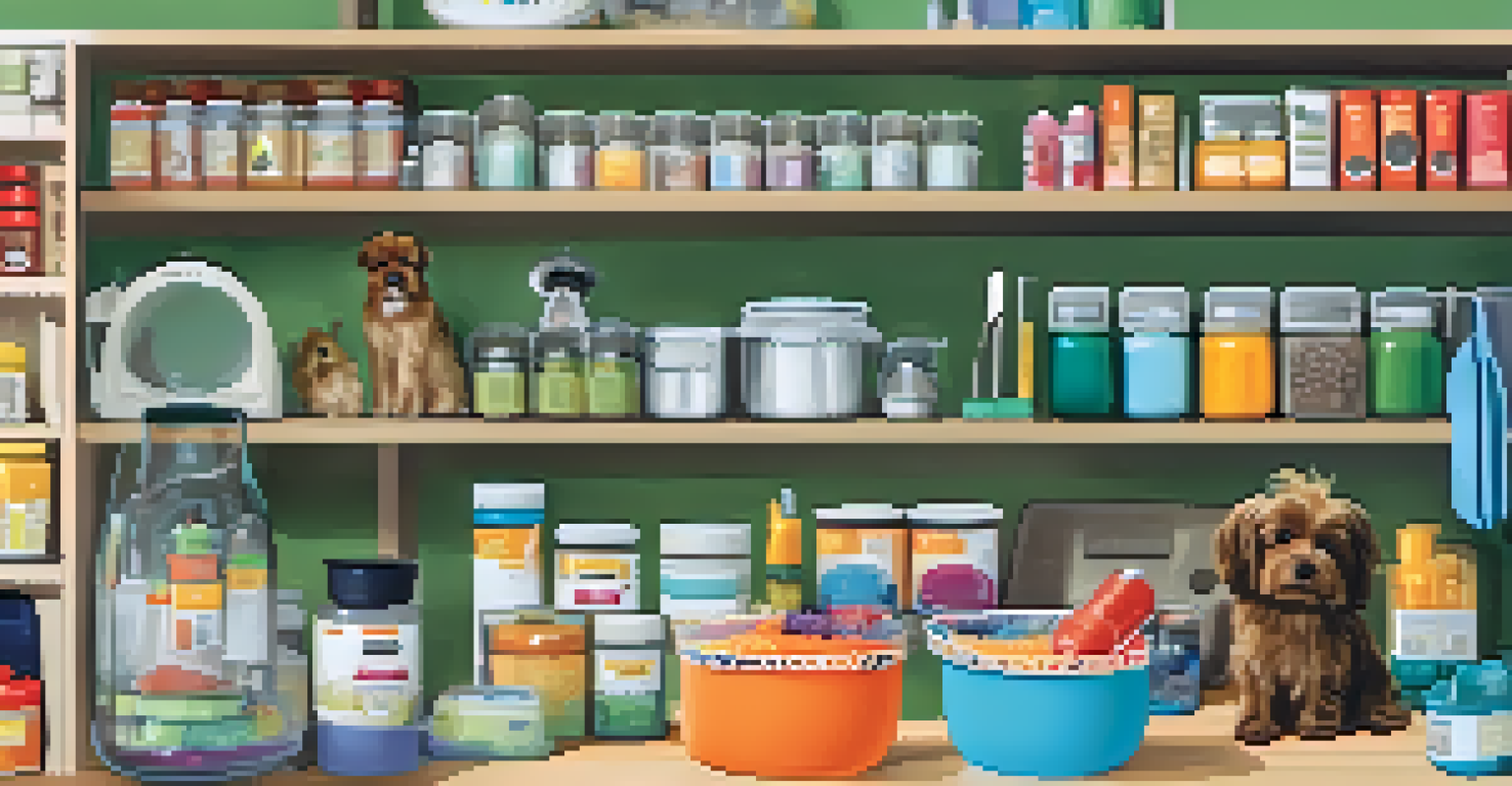 A neatly organized pet supply area with bowls, a bed, and grooming tools, featuring a small dog exploring.