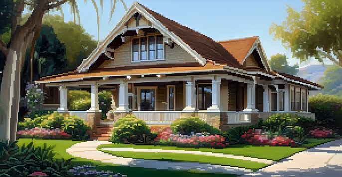 A Craftsman home in Carlsbad with a low-pitched roof, wide eaves, and decorative brackets, surrounded by greenery and flowers, under soft sunlight.