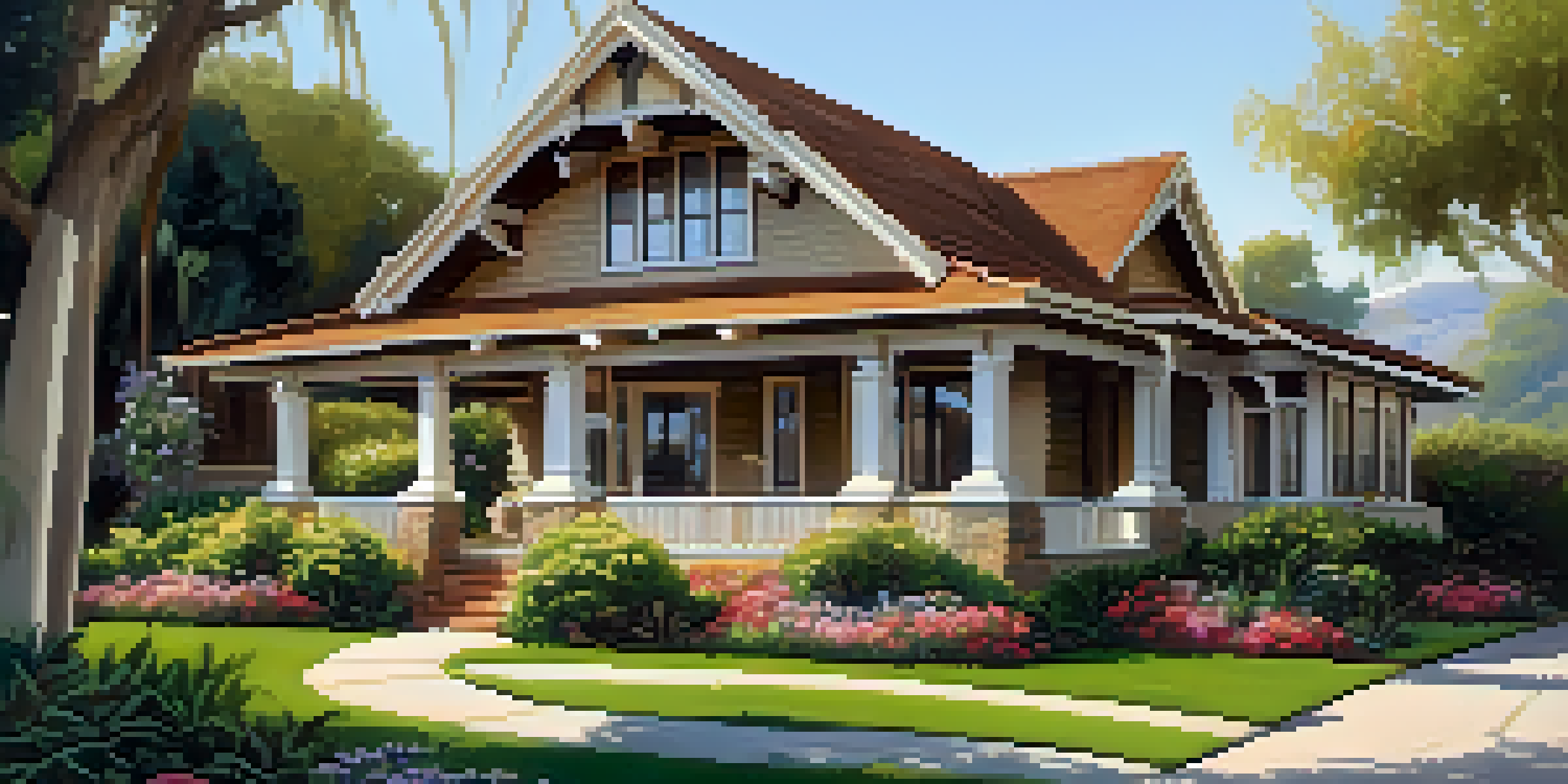A Craftsman home in Carlsbad with a low-pitched roof, wide eaves, and decorative brackets, surrounded by greenery and flowers, under soft sunlight.