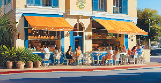A lively dessert cafe in Carlsbad Village with people enjoying pastries and colorful decorations.