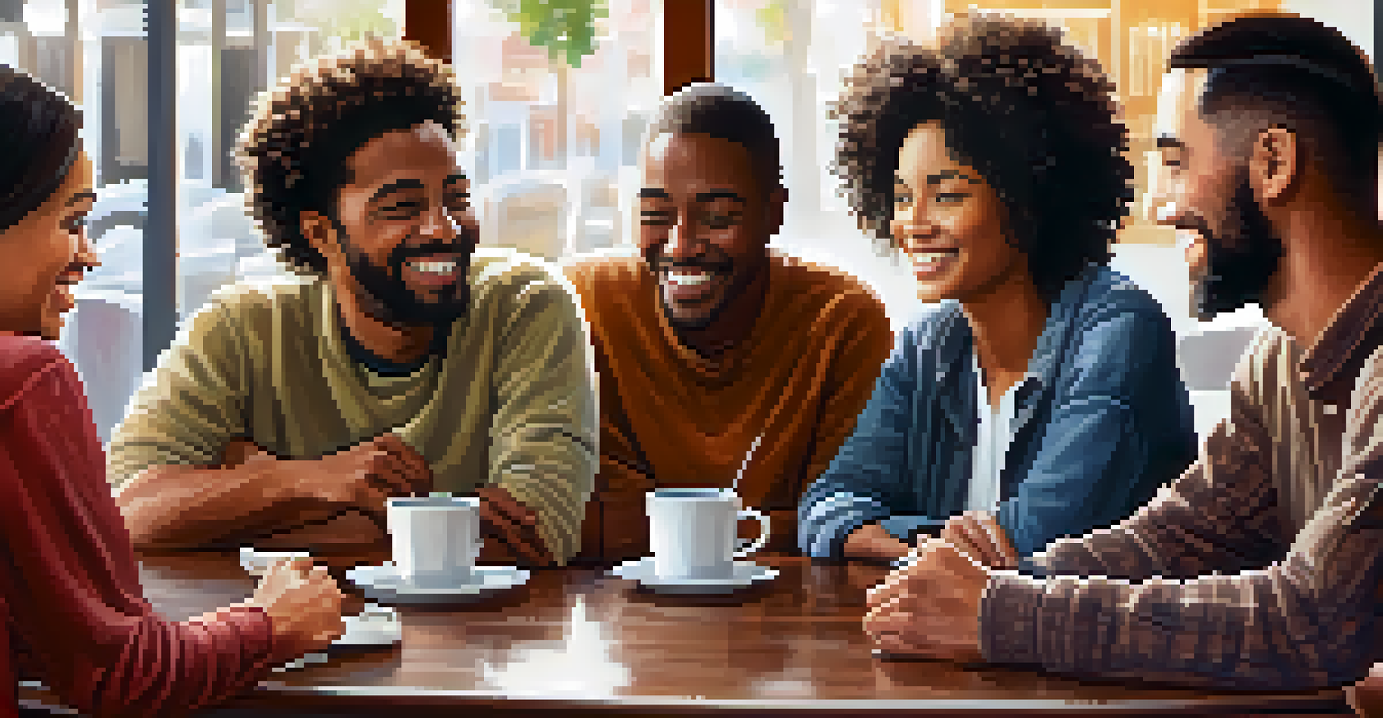 A diverse group of friends gathered at a café discussing volunteer opportunities, smiling and enjoying their conversation.