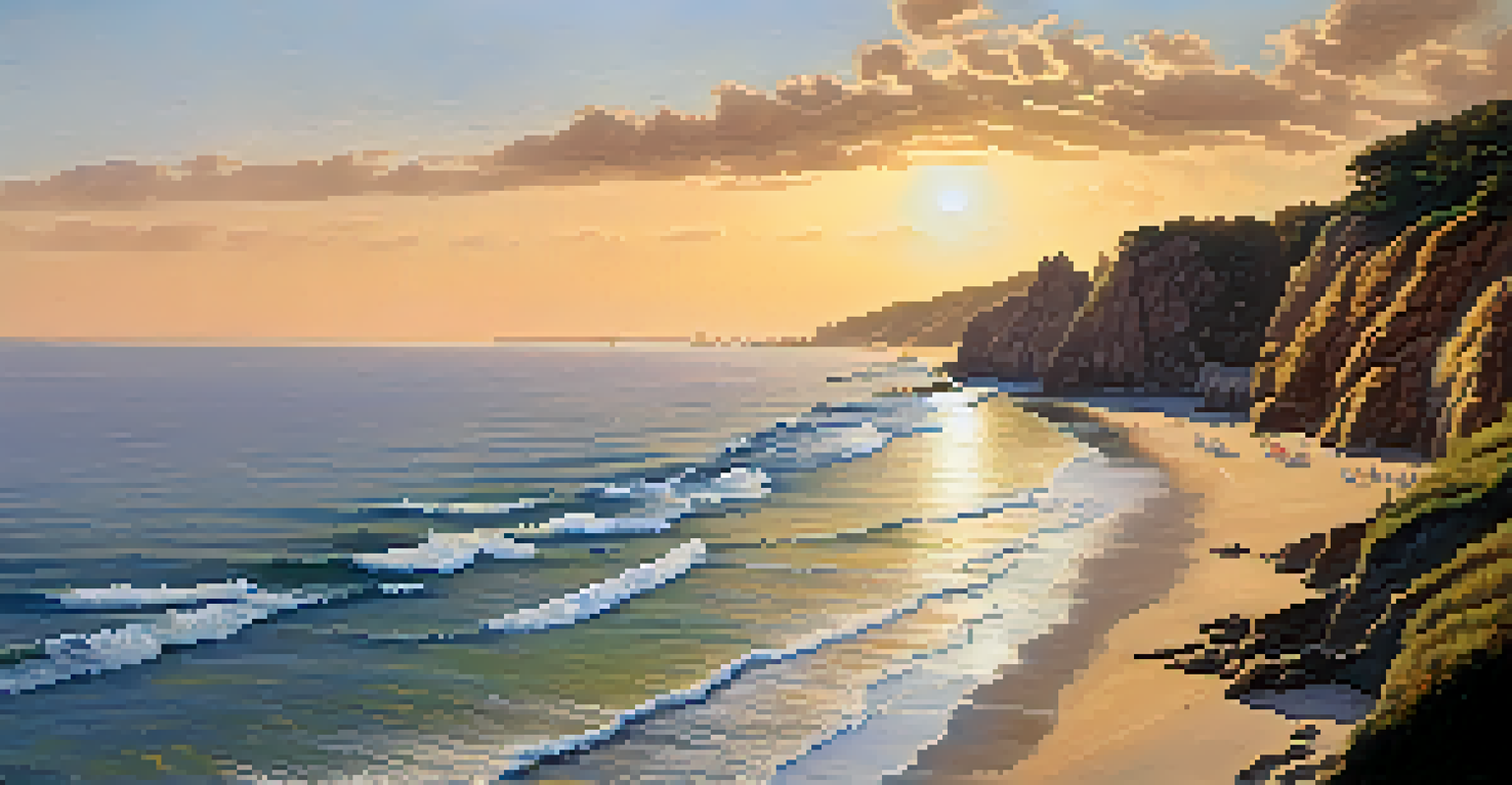 Aerial view of Terramar Beach showing fine sand, a steep path, and rocky outcrops, with a peaceful sunset.
