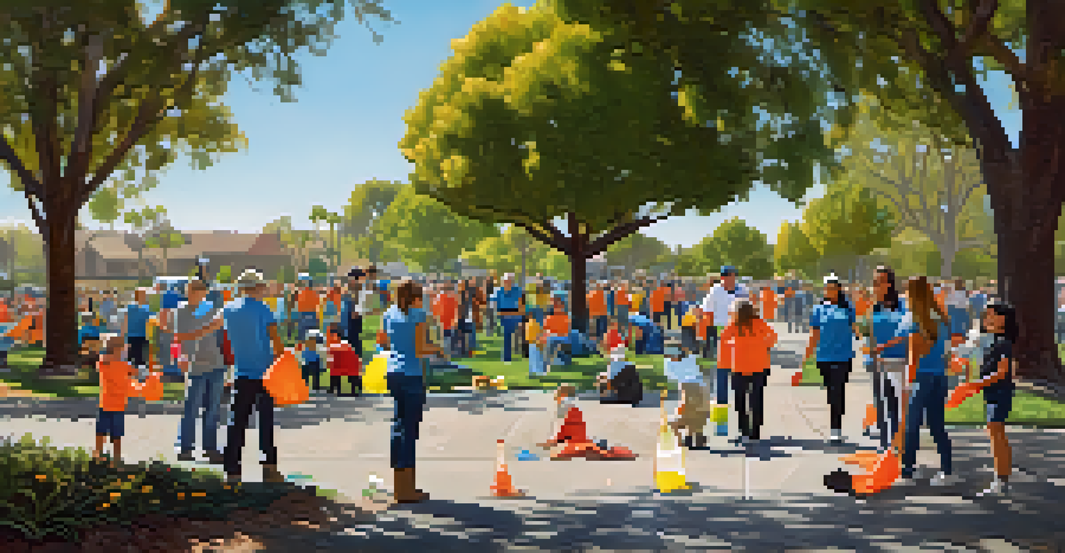 Volunteers participating in a community clean-up in a park, picking up litter with a backdrop of trees and a clear sky.
