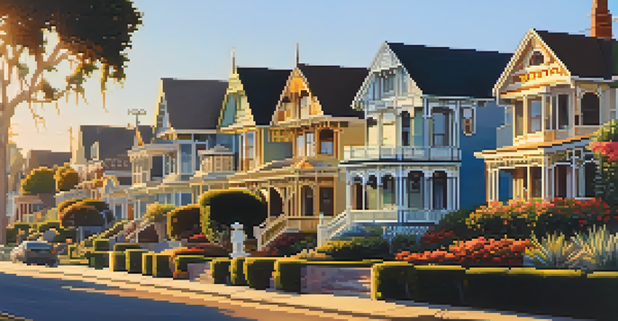 A vibrant street view of historic Victorian homes in Carlsbad, California, with intricate details and colorful designs, surrounded by blooming gardens under golden sunlight.
