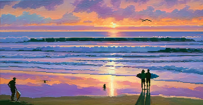 A colorful sunset over Carlsbad State Beach with surfers on the waves, framed by palm trees and coastal cliffs in the background.